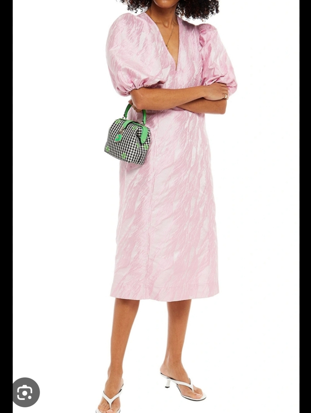 GANNI Blue Jacquard Puff Sleeve Midi Dress Size XS